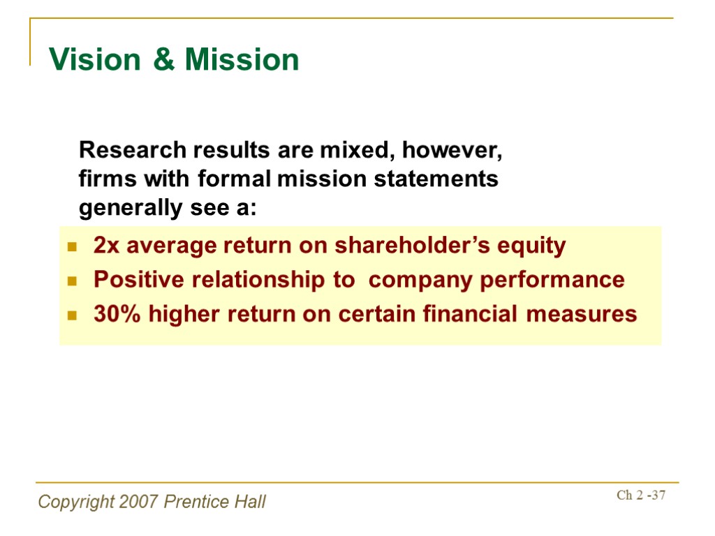 Copyright 2007 Prentice Hall Ch 2 -37 2x average return on shareholder’s equity Positive